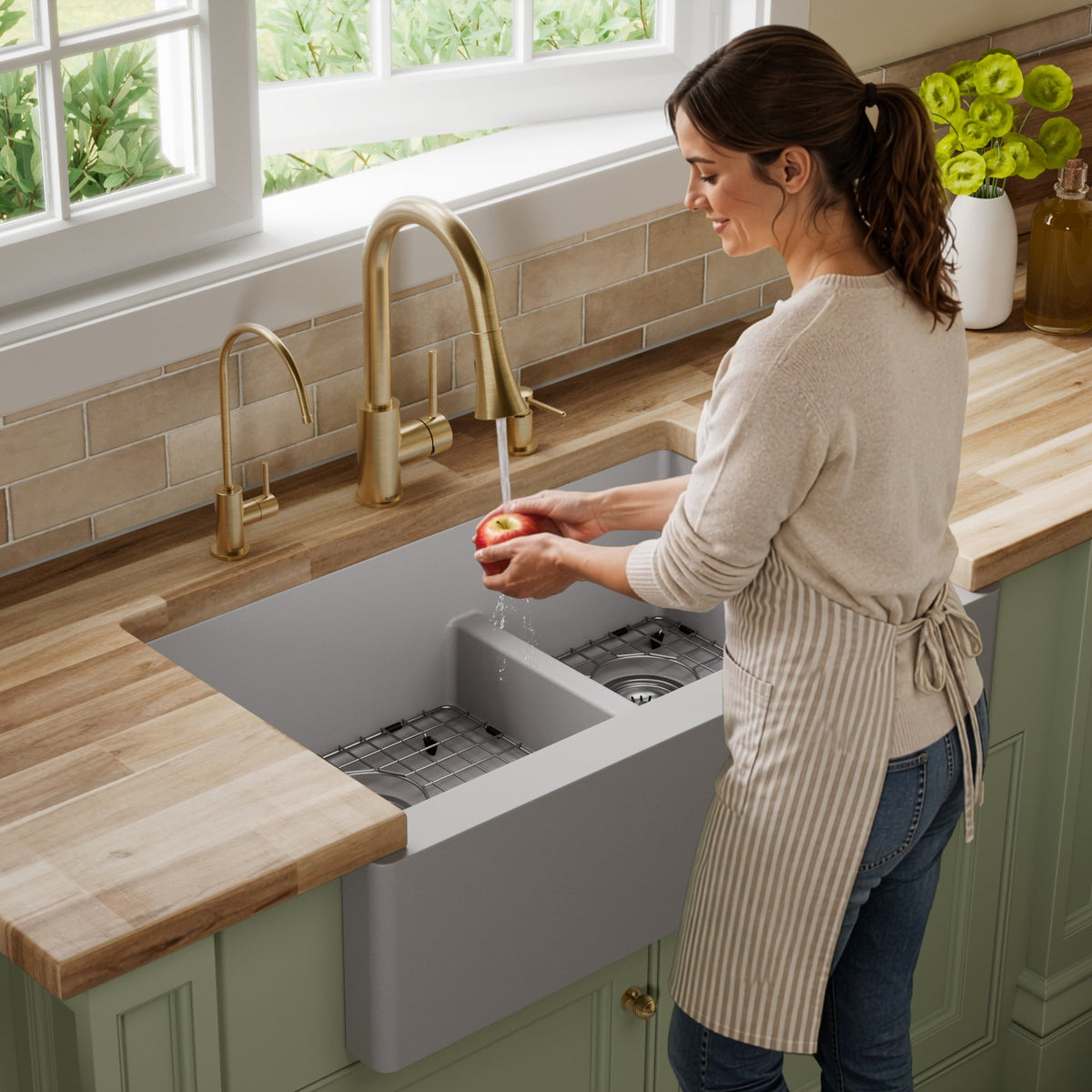 34" Farmhouse Double Offset Bowl Quartz Composite Kitchen Sink Kit In Grey
