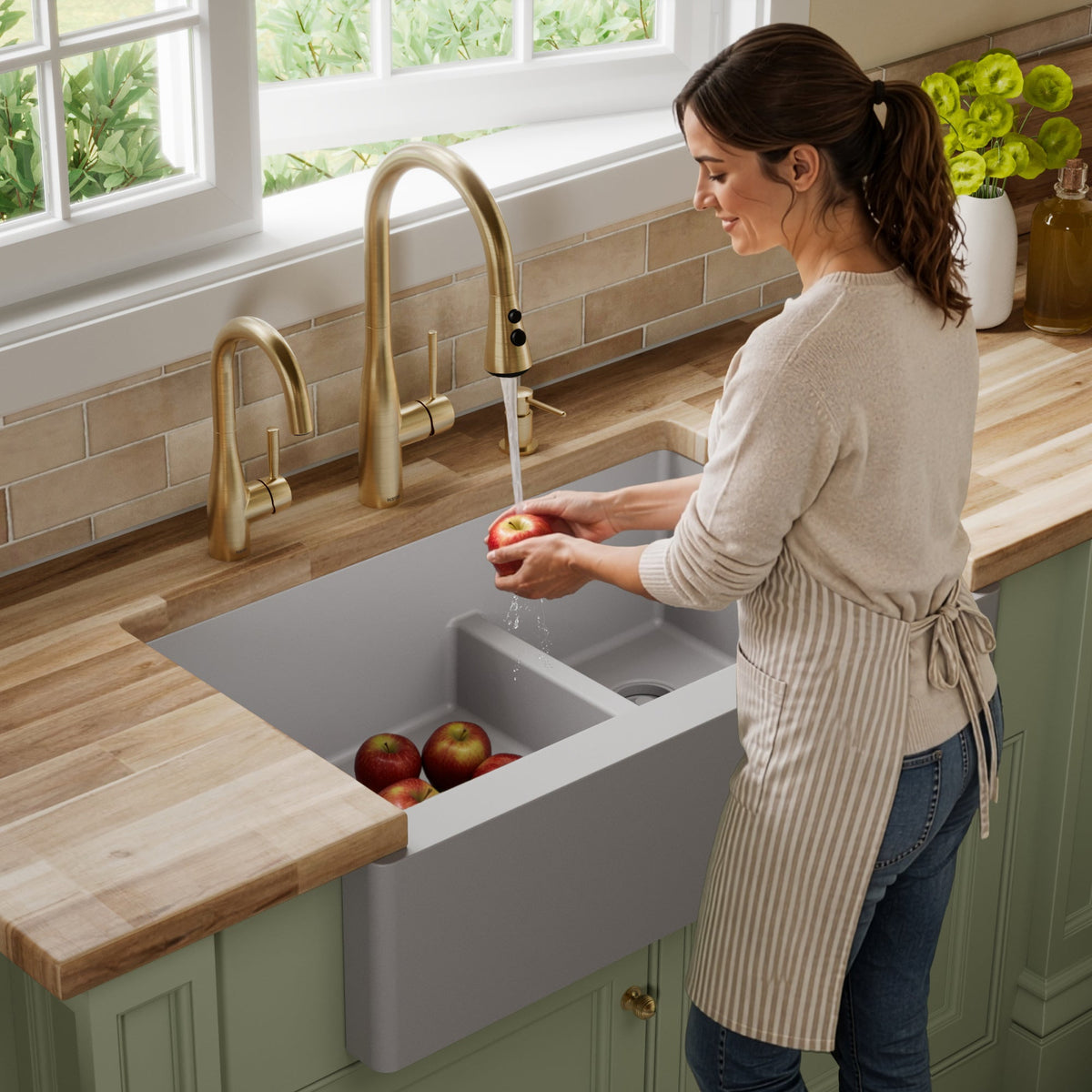 34" Farmhouse Double Offset Bowl Quartz Composite Kitchen Sink In Grey