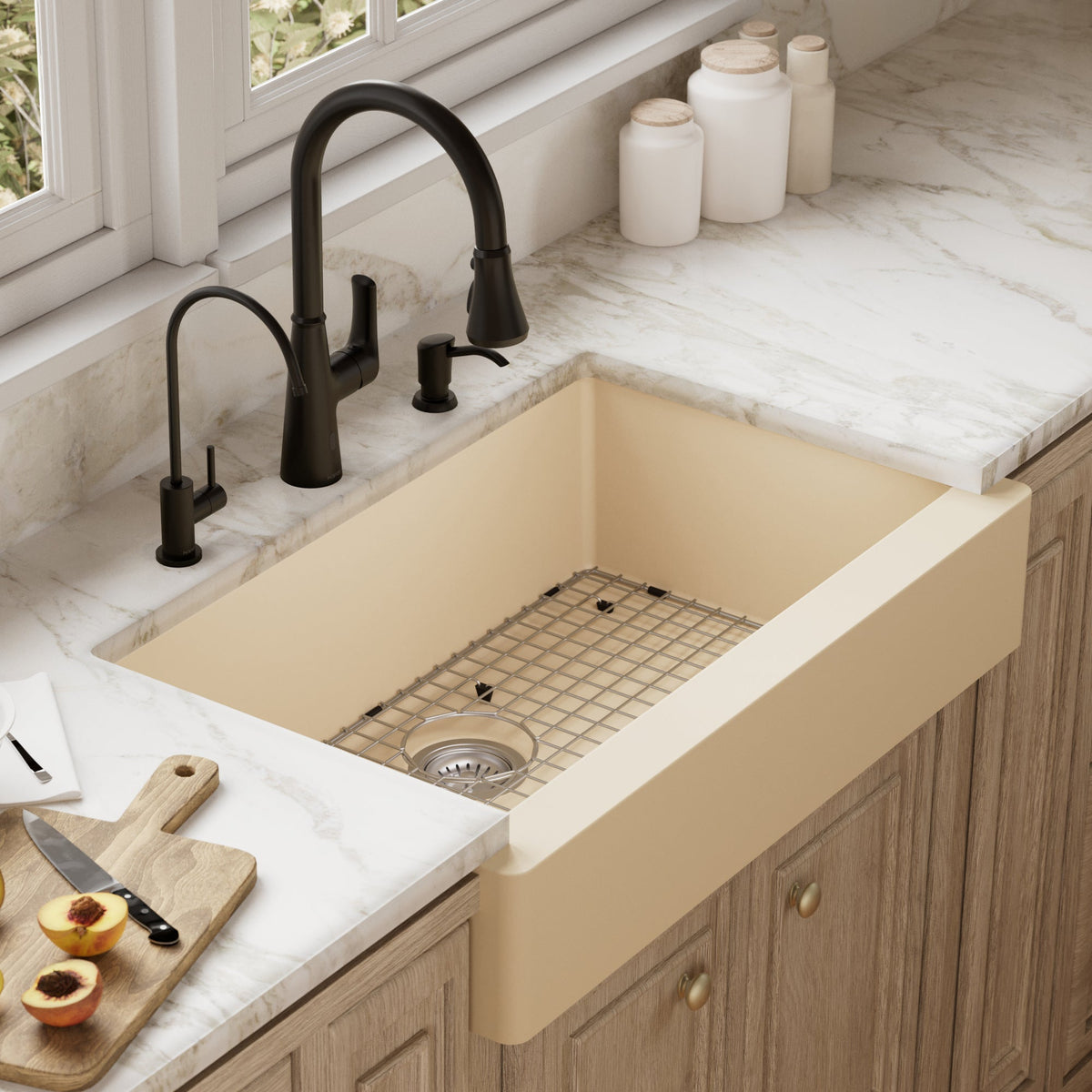 34"" Retrofit Farmhouse Large Single Bowl Quartz Composite Kitchen Sink Kit In Bisque
