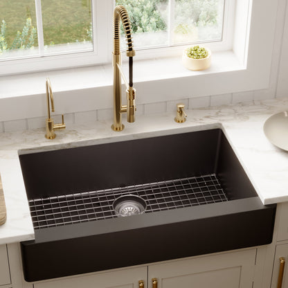 34" Retrofit Farmhouse Large Single Bowl Quartz Composite Kitchen Sink Kit In Black