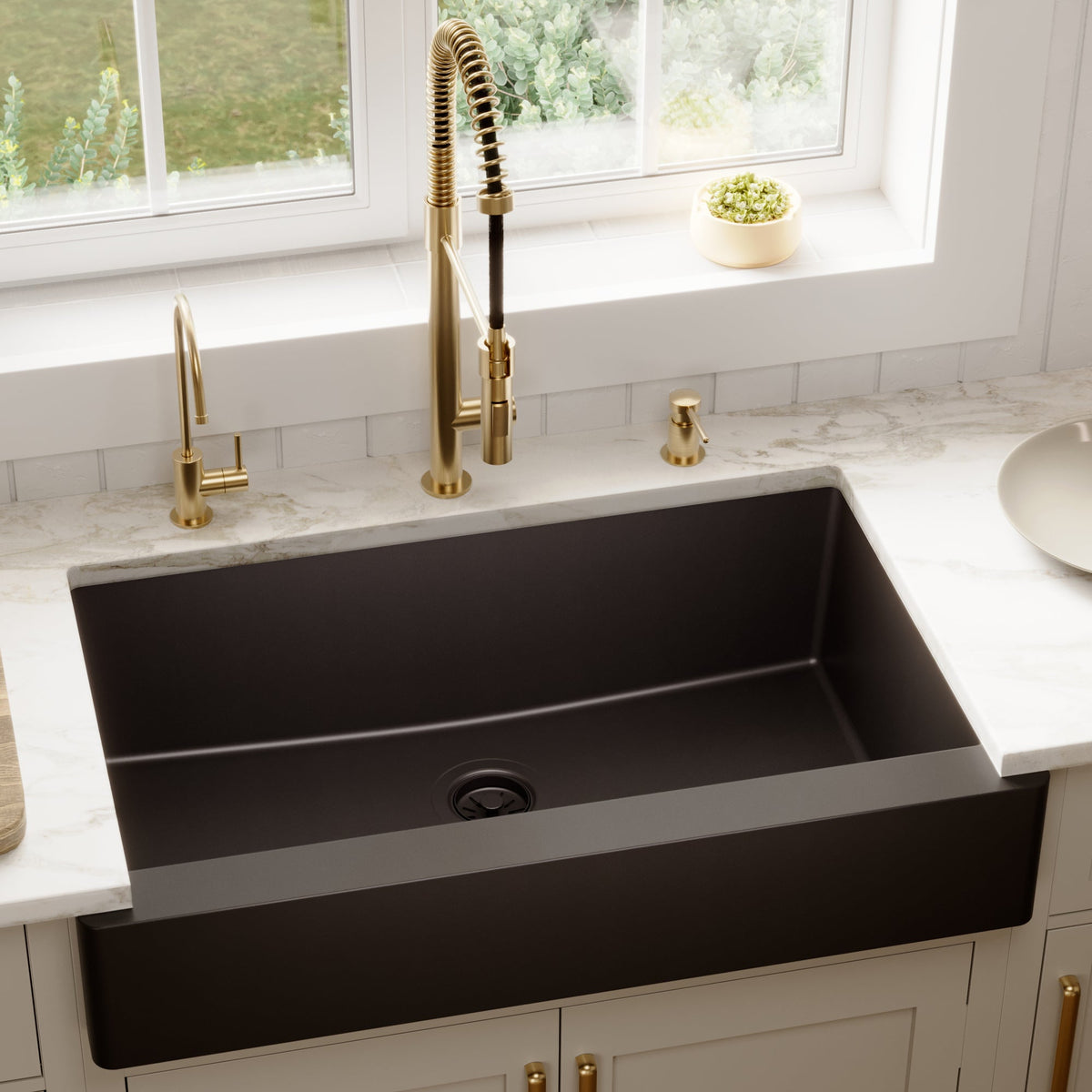 34" Retrofit Farmhouse Large Single Bowl Quartz Composite Kitchen Sink In Black