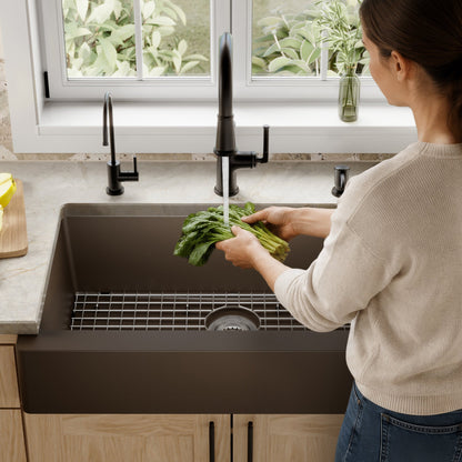 34" Retrofit Farmhouse Large Single Bowl Quartz Composite Kitchen Sink Kit In Brown