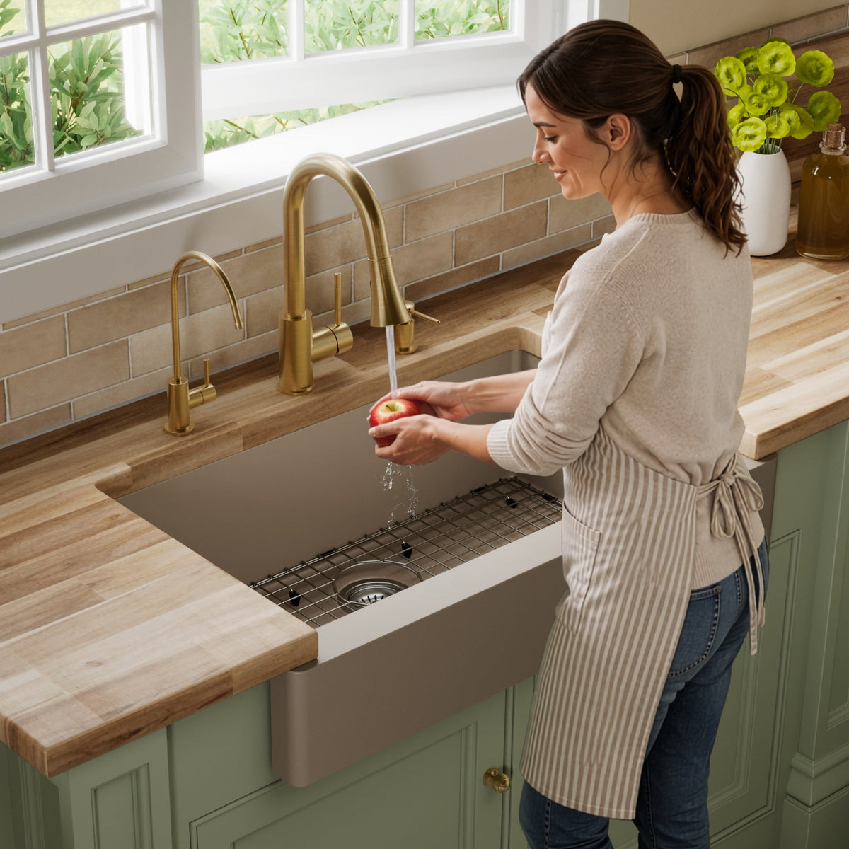 34" Retrofit Farmhouse Large Single Bowl Quartz Composite Kitchen Sink Kit In Concrete