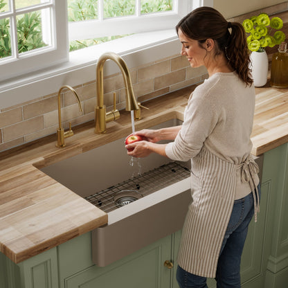 34" Retrofit Farmhouse Large Single Bowl Quartz Composite Kitchen Sink Kit In Concrete