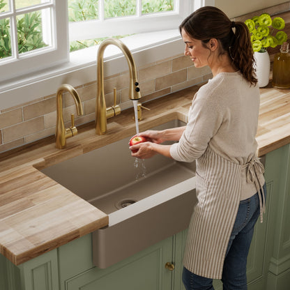 34" Retrofit Farmhouse Large Single Bowl Quartz Composite Kitchen Sink In Concrete