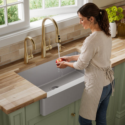 34" Retrofit Farmhouse Large Single Bowl Quartz Composite Kitchen Sink In Grey