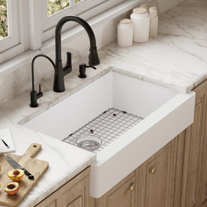 34" Retrofit Farmhouse Large Single Bowl Quartz Composite Kitchen Sink Kit In White