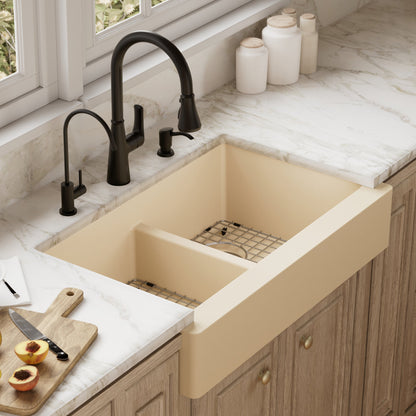 34" Retrofit Farmhouse Double Equal Bowl Quartz Composite Kitchen Sink Kit In Bisque