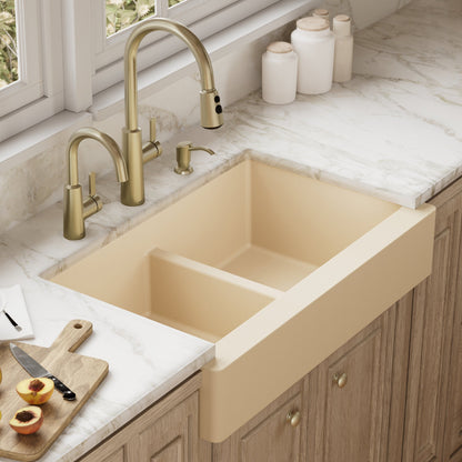34" Retrofit Farmhouse Double Equal Bowl Quartz Composite Kitchen Sink In Bisque