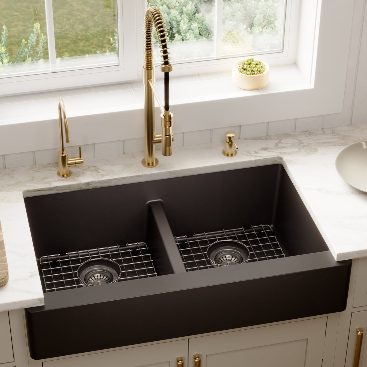 34" Retrofit Farmhouse Double Equal Bowl Quartz Composite Kitchen Sink Kit In Black