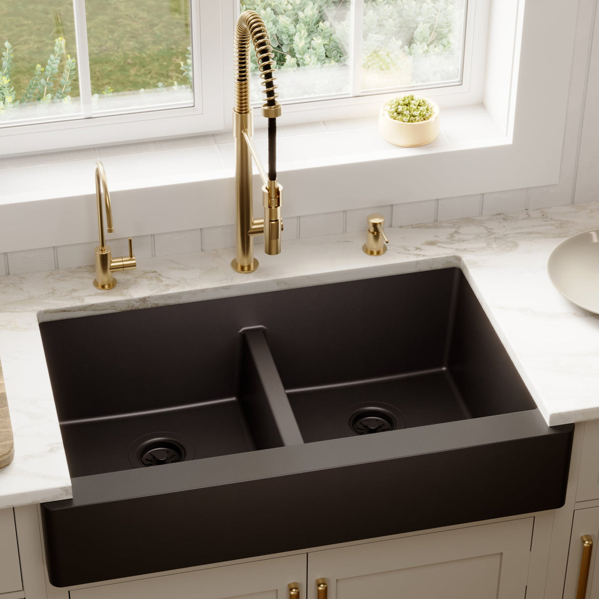 34" Retrofit Farmhouse Double Equal Bowl Quartz Composite Kitchen Sink In Black