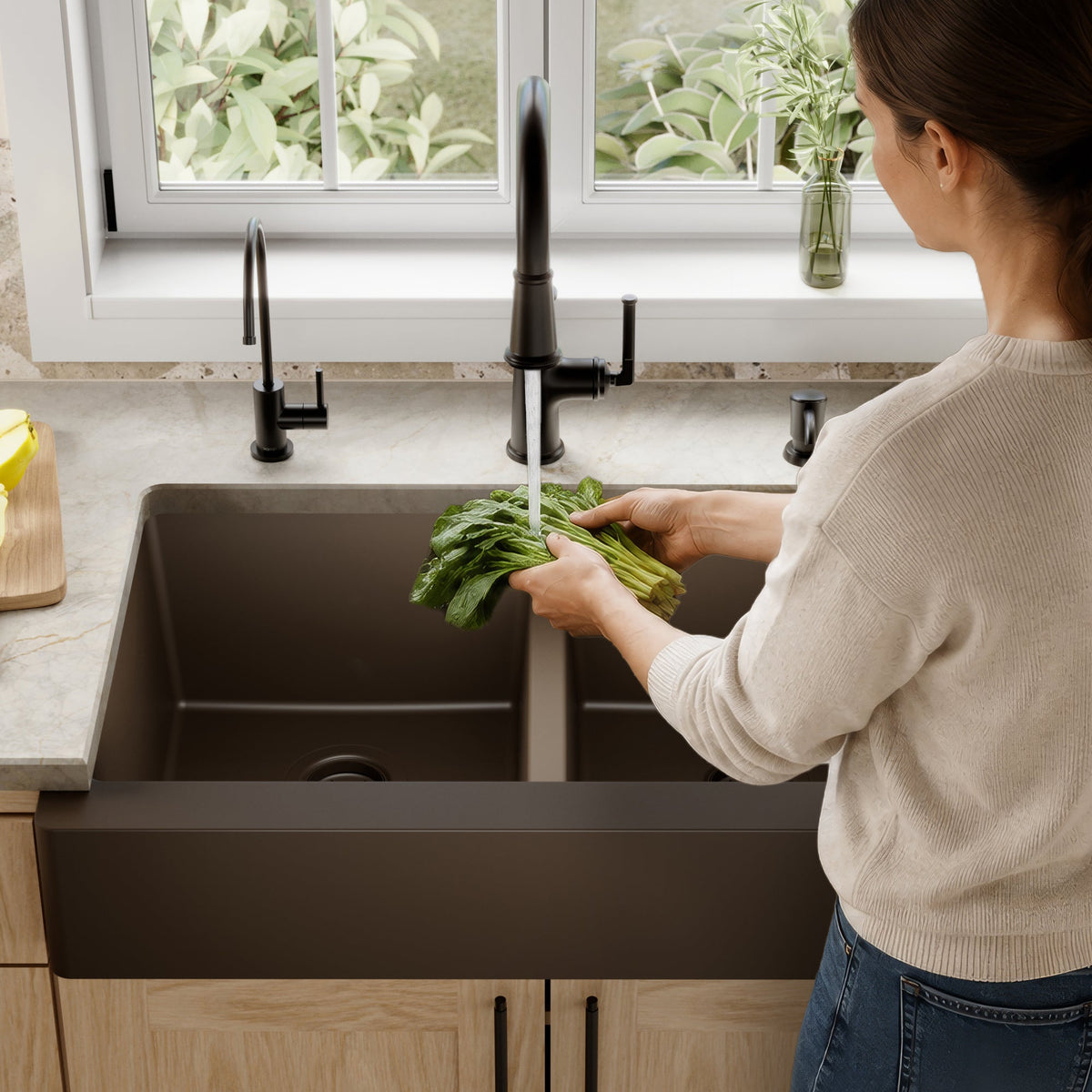 34" Retrofit Farmhouse Double Equal Bowl Quartz Composite Kitchen Sink In Brown