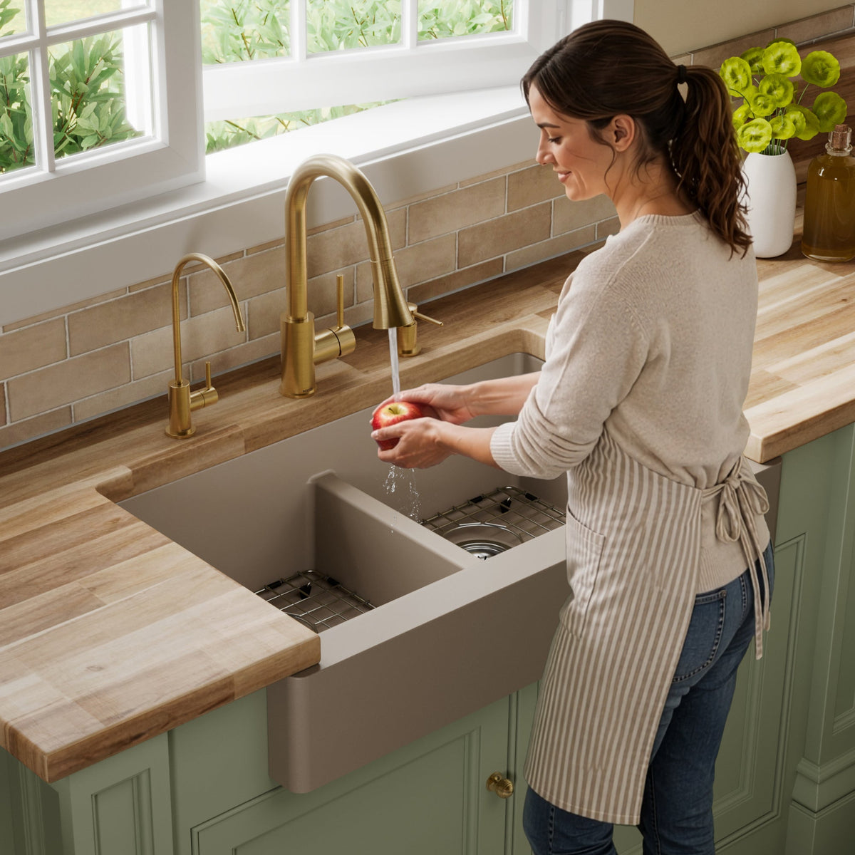 34" Retrofit Farmhouse Double Equal Bowl Quartz Composite Kitchen Sink Kit In Concrete