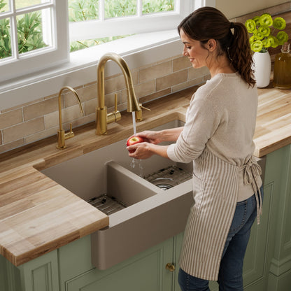 34" Retrofit Farmhouse Double Equal Bowl Quartz Composite Kitchen Sink Kit In Concrete