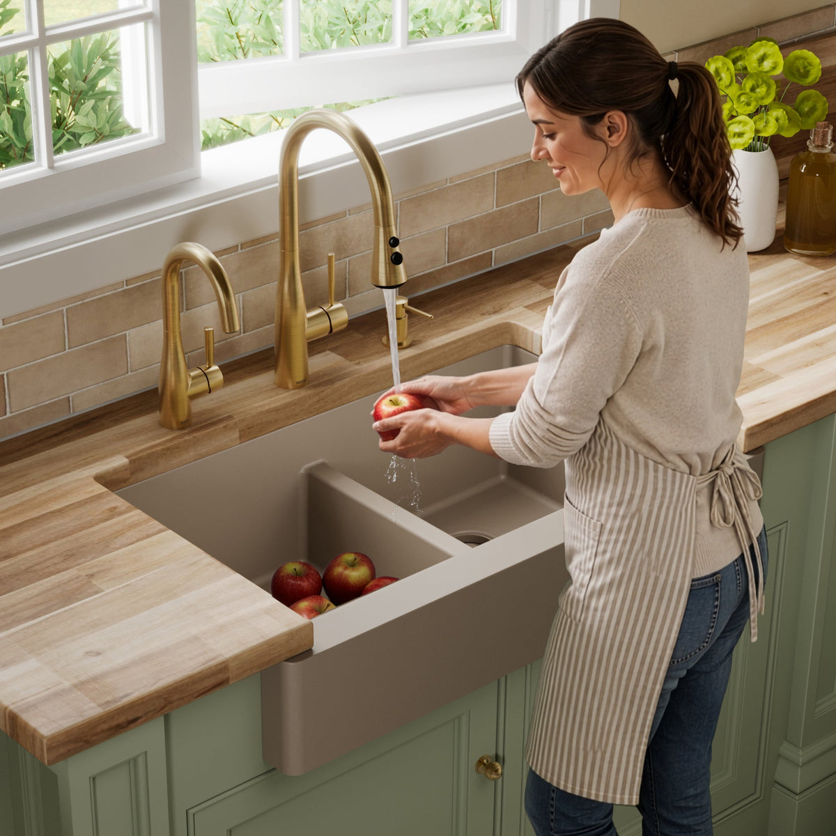 34" Retrofit Farmhouse Double Equal Bowl Quartz Composite Kitchen Sink In Concrete