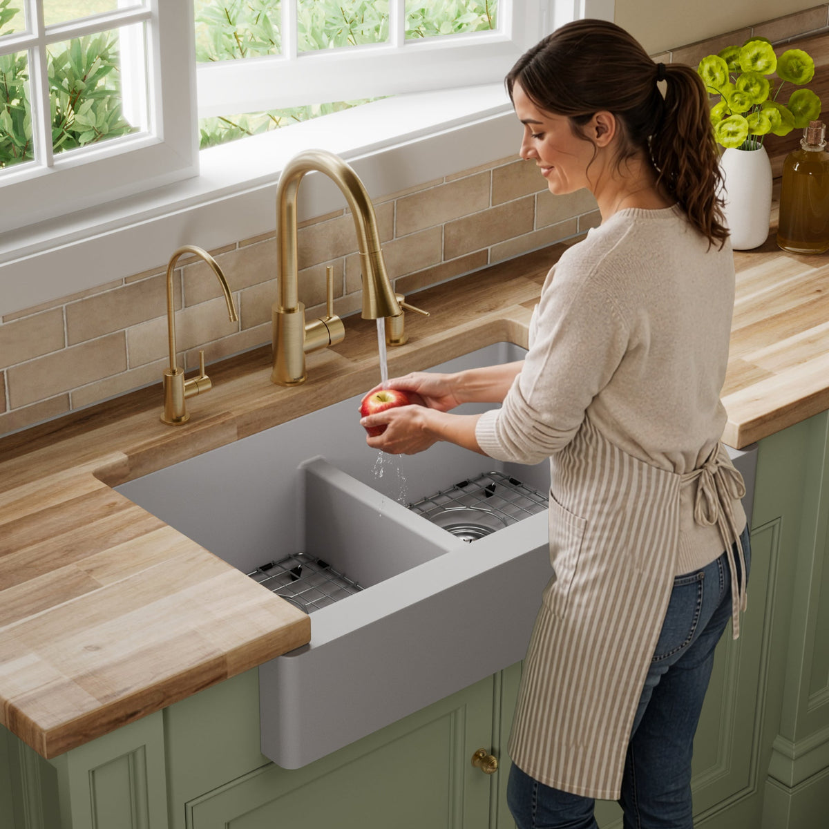 34" Retrofit Farmhouse Double Equal Bowl Quartz Composite Kitchen Sink Kit In Grey