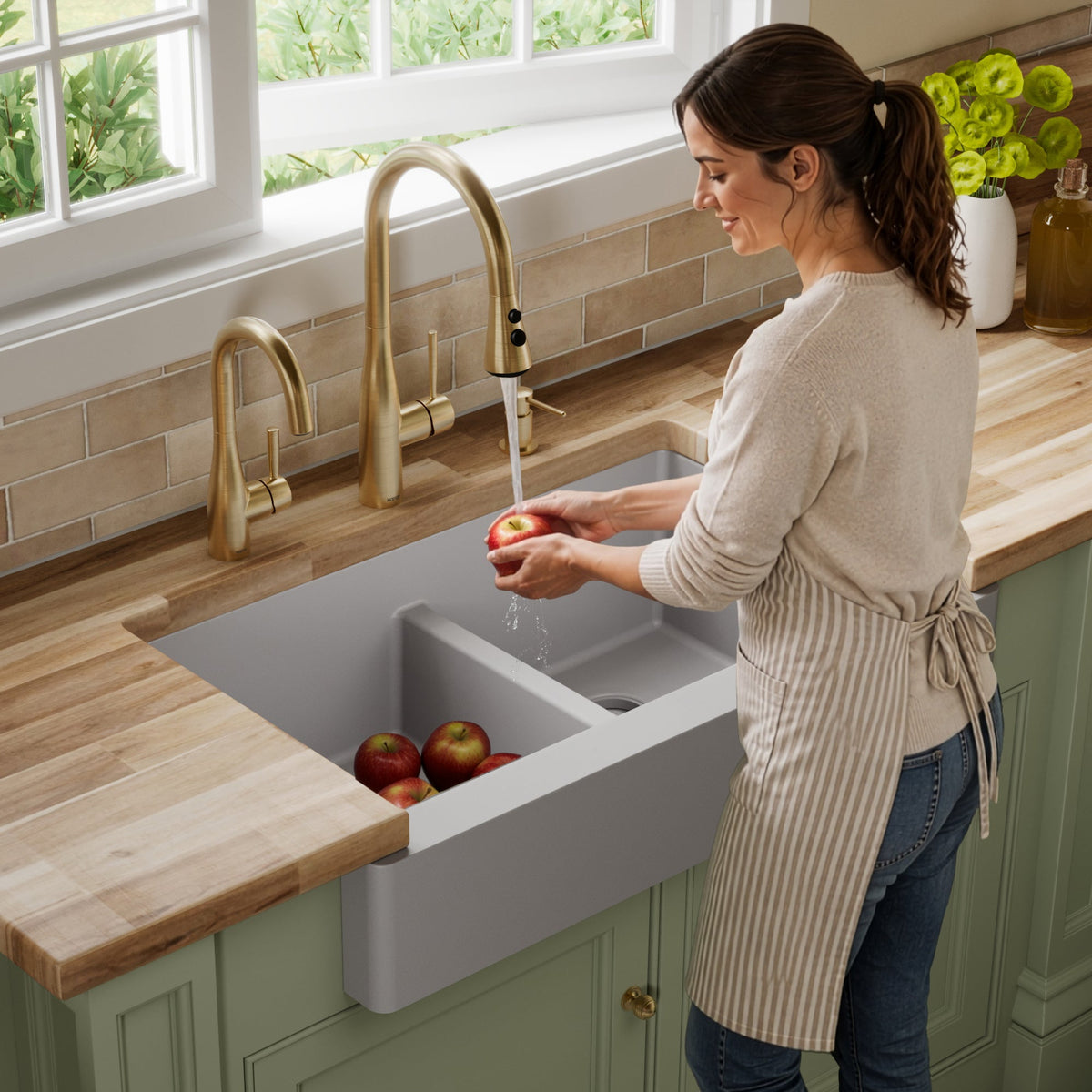 34" Retrofit Farmhouse Double Equal Bowl Quartz Composite Kitchen Sink In Grey