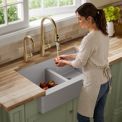 34" Retrofit Farmhouse Double Equal Bowl Quartz Composite Kitchen Sink In Grey