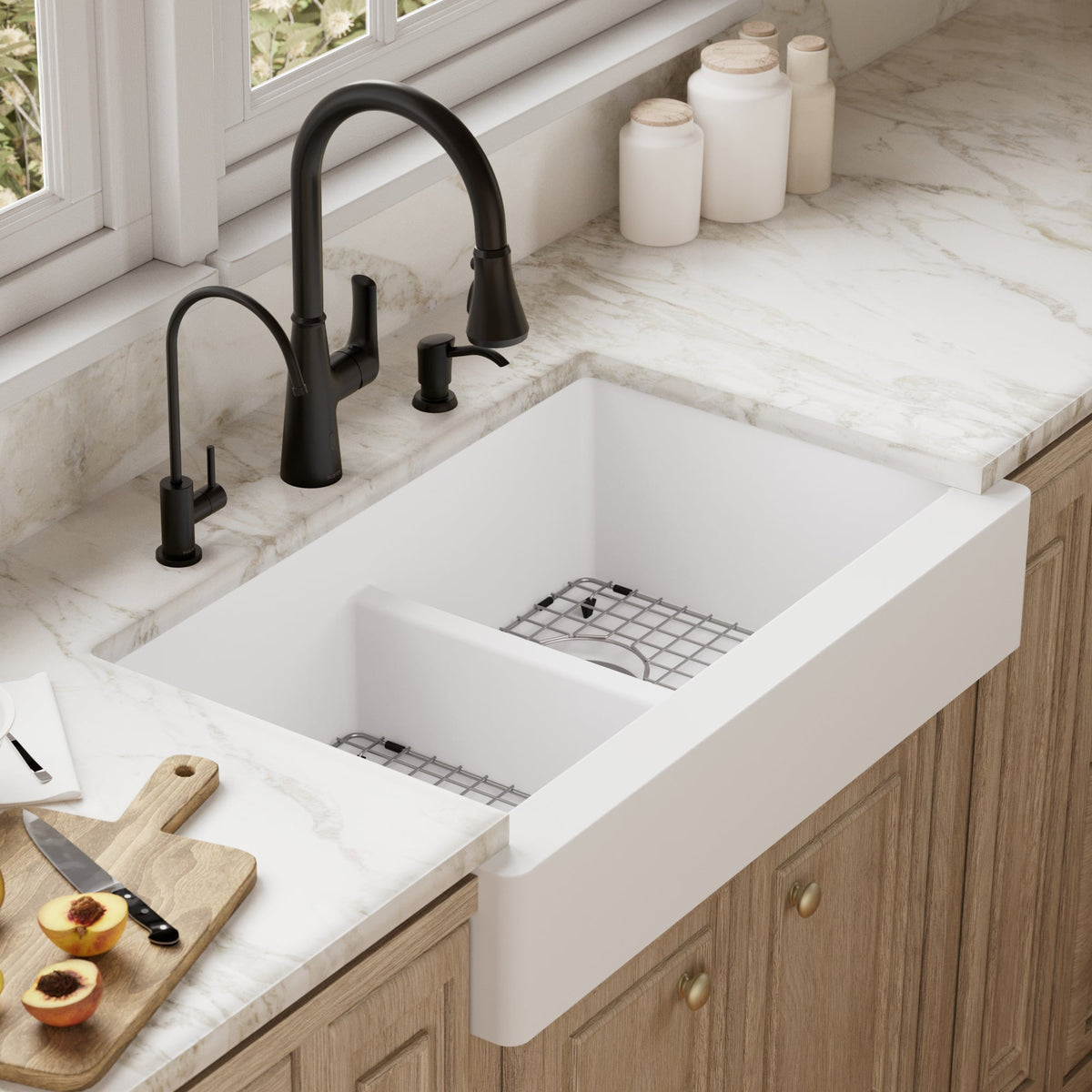 34" Retrofit Farmhouse Double Equal Bowl Quartz Composite Kitchen Sink Kit In White