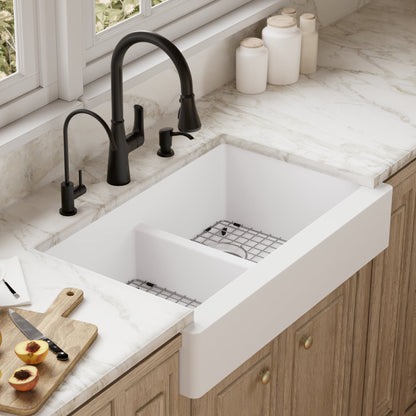 34" Retrofit Farmhouse Double Equal Bowl Quartz Composite Kitchen Sink Kit In White
