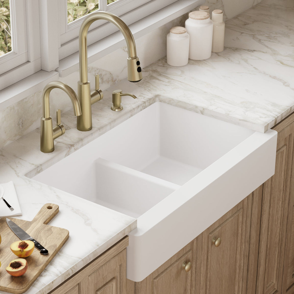 34" Retrofit Farmhouse Double Equal Bowl Quartz Composite Kitchen Sink In White