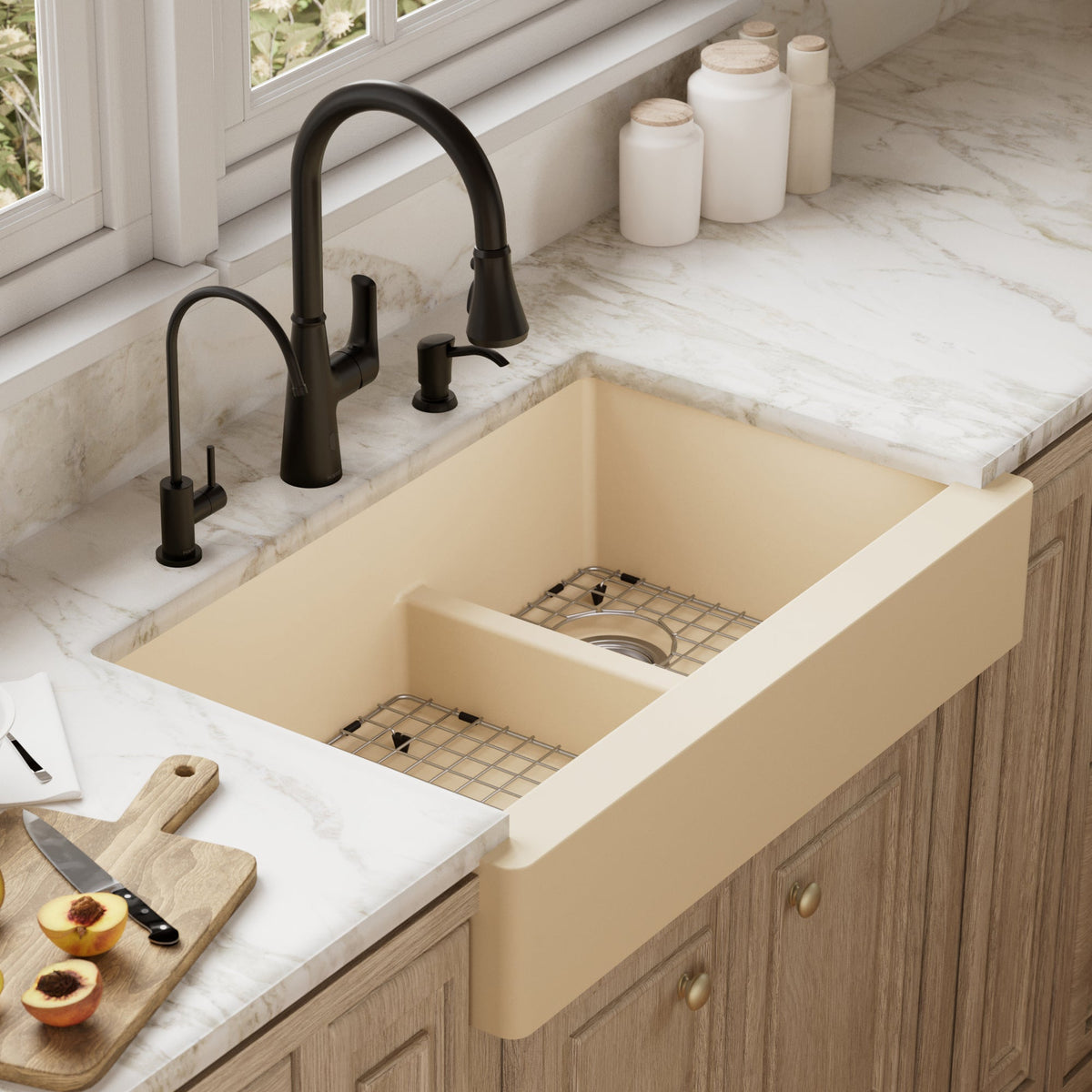 34" Retrofit Farmhouse Double Offset Bowl Quartz Composite Kitchen Sink Kit In Bisque