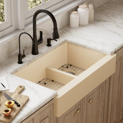 34" Retrofit Farmhouse Double Offset Bowl Quartz Composite Kitchen Sink Kit In Bisque