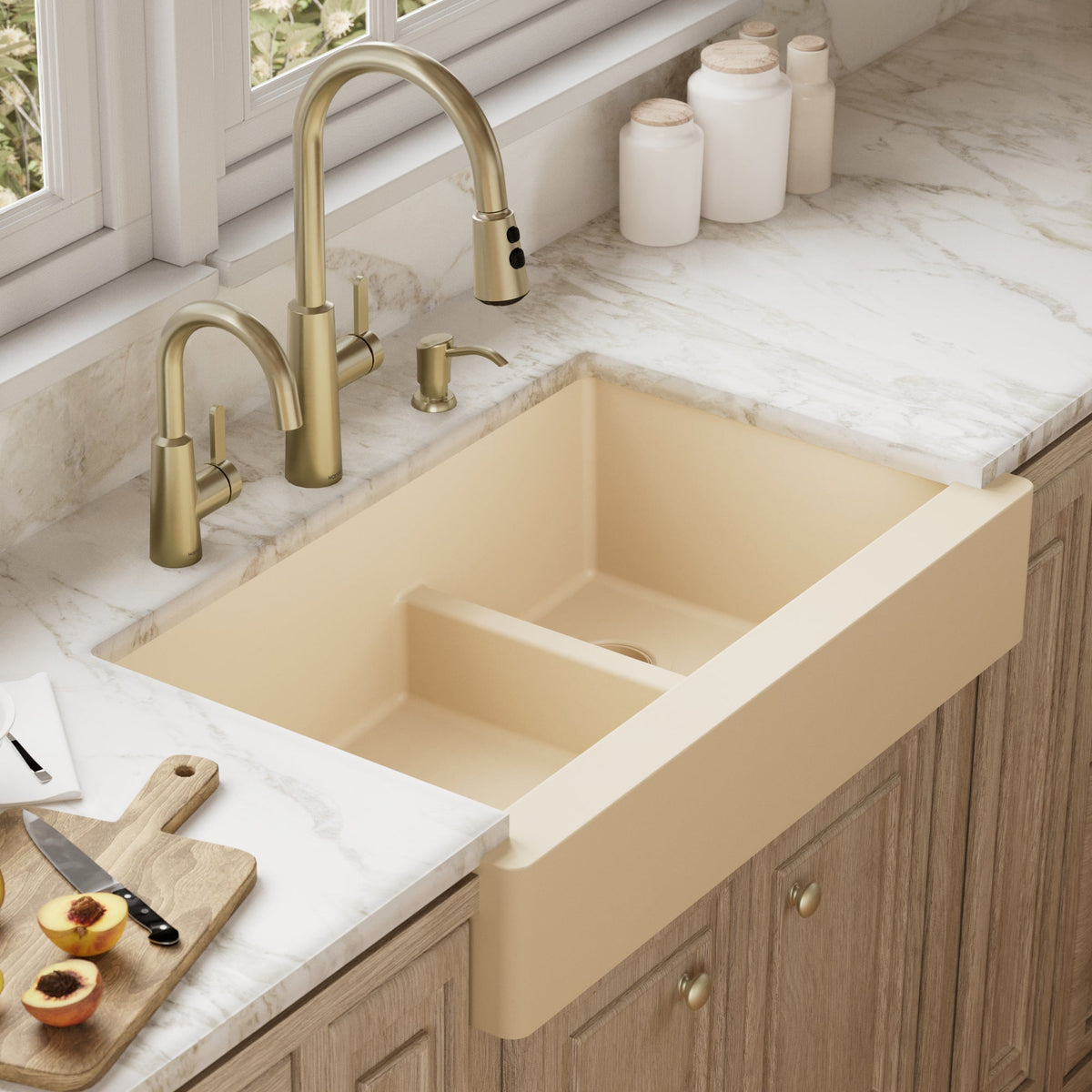34" Retrofit Farmhouse Double Offset Bowl Quartz Composite Kitchen Sink In Bisque
