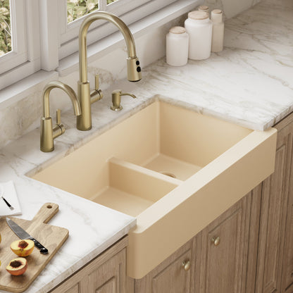 34" Retrofit Farmhouse Double Offset Bowl Quartz Composite Kitchen Sink In Bisque