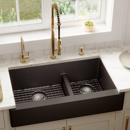 34" Retrofit Farmhouse Double Offset Bowl Quartz Composite Kitchen Sink Kit In Black