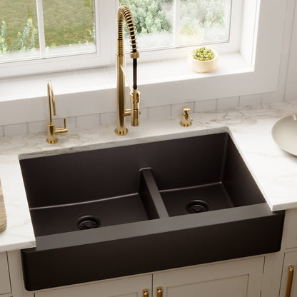 34" Retrofit Farmhouse Double Offset Bowl Quartz Composite Kitchen Sink In Black