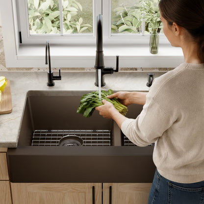 34" Retrofit Farmhouse Double Offset Bowl Quartz Composite Kitchen Sink Kit In Brown
