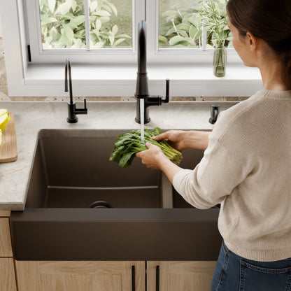 34" Retrofit Farmhouse Double Offset Bowl Quartz Composite Kitchen Sink In Brown