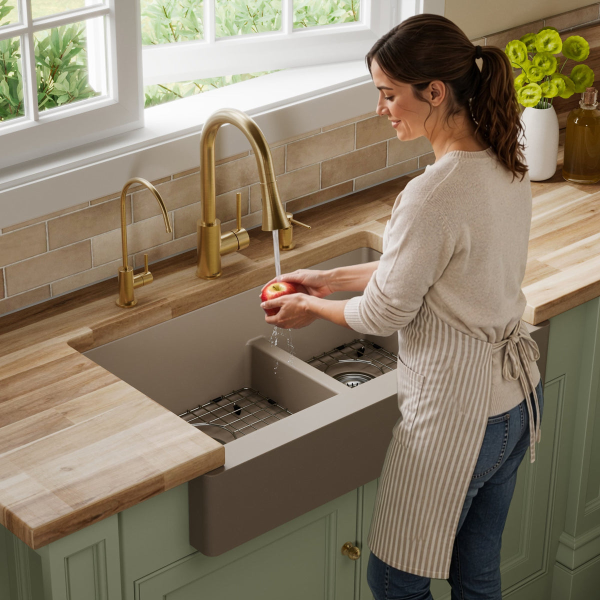 34" Retrofit Farmhouse Double Offset Bowl Quartz Composite Kitchen Sink Kit In Concrete