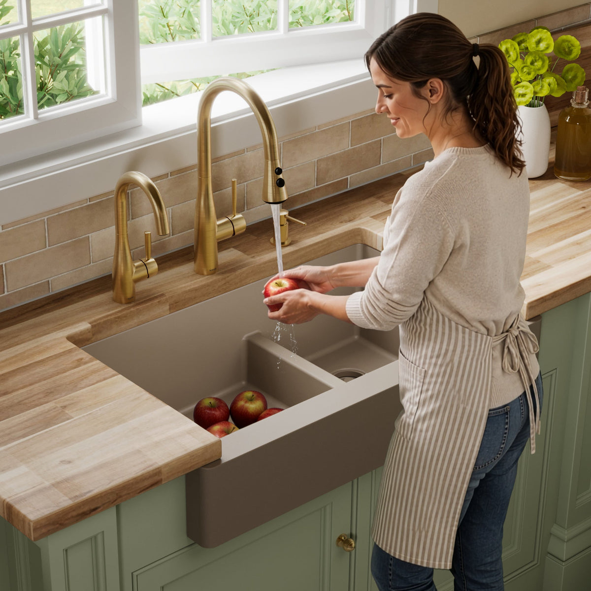 34" Retrofit Farmhouse Double Offset Bowl Quartz Composite Kitchen Sink In Concrete