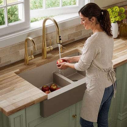 34" Retrofit Farmhouse Double Offset Bowl Quartz Composite Kitchen Sink In Concrete