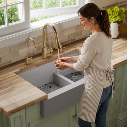 34" Retrofit Farmhouse Double Offset Bowl Quartz Composite Kitchen Sink Kit In Grey