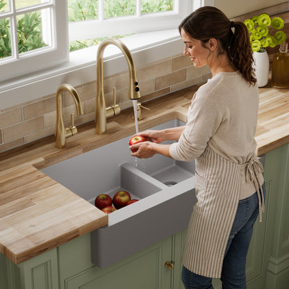 34" Retrofit Farmhouse Double Offset Bowl Quartz Composite Kitchen Sink In Grey