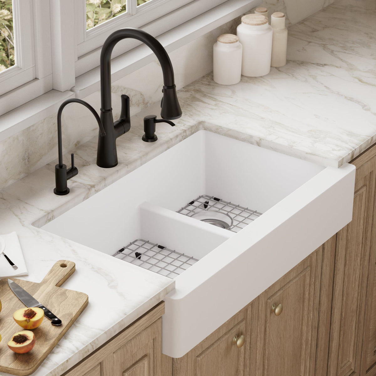 34" Retrofit Farmhouse Double Offset Bowl Quartz Composite Kitchen Sink Kit In White