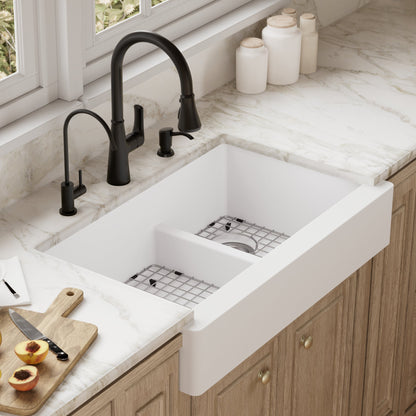 34" Retrofit Farmhouse Double Offset Bowl Quartz Composite Kitchen Sink Kit In White
