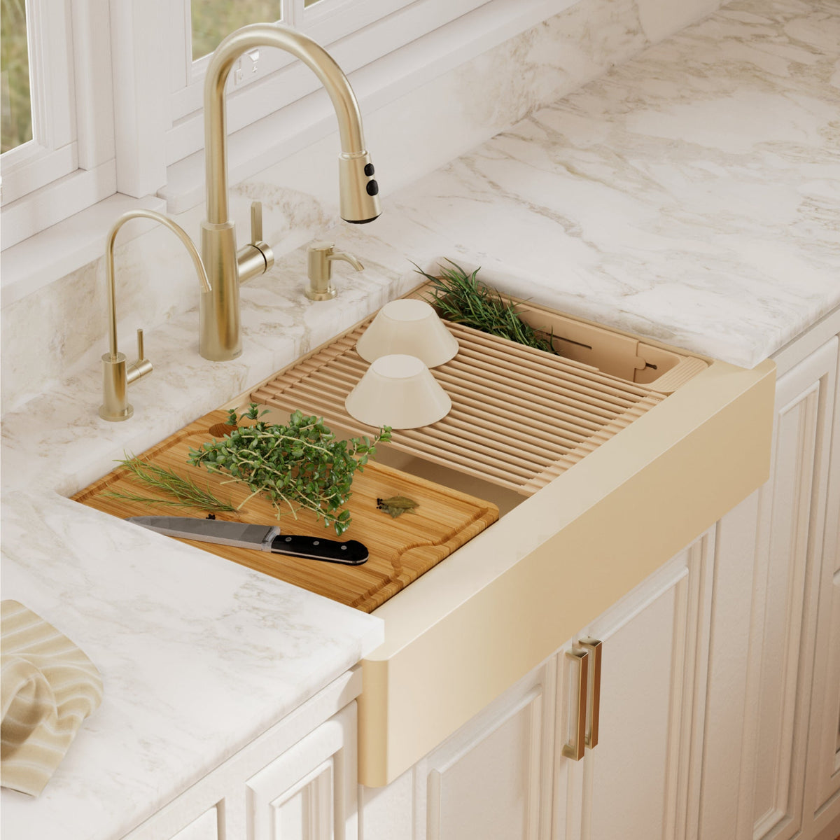 34" Apron Front Single Bowl Quartz Kitchen Sink Kit In Bisque