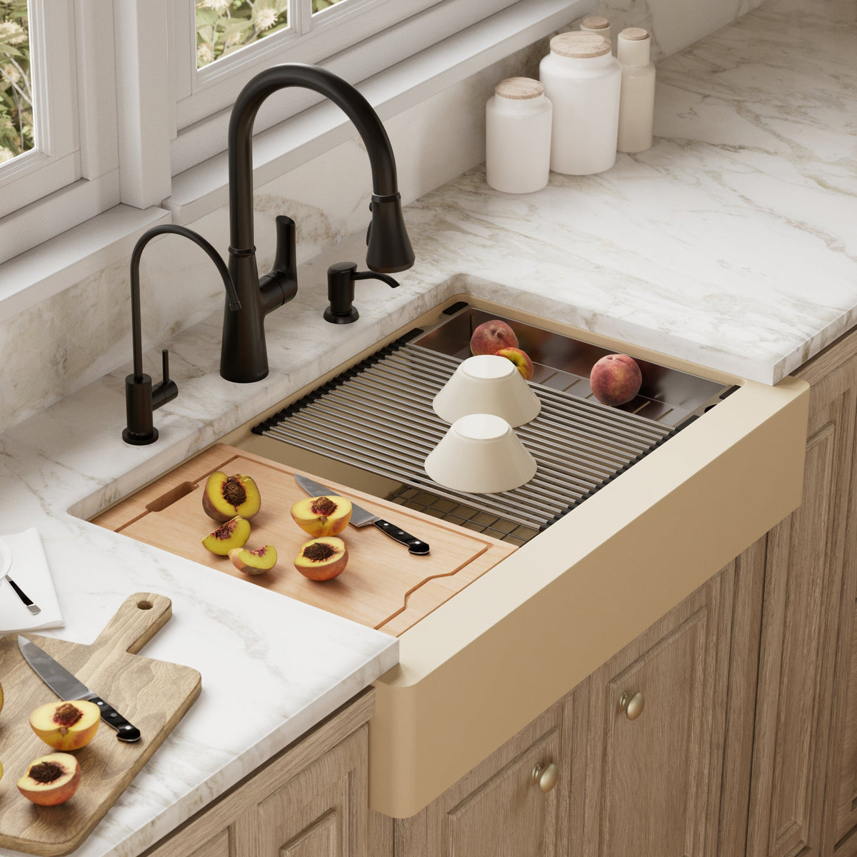 34" Retrofit Farmhouse Large Single Bowl Quartz Composite Workstation Kitchen Sink In Bisque