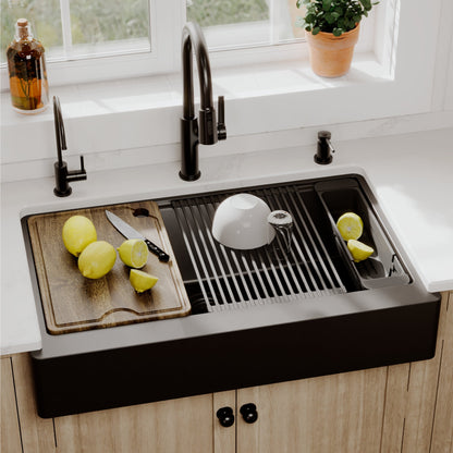 34" Apron Front Single Bowl Quartz Kitchen Sink Kit In Black