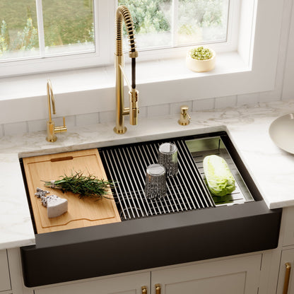 34" Retrofit Farmhouse Large Single Bowl Quartz Composite Workstation Kitchen Sink In Black