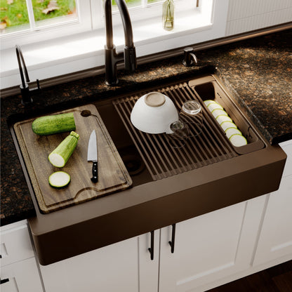 34" Apron Front Single Bowl Quartz Kitchen Sink Kit In Brown
