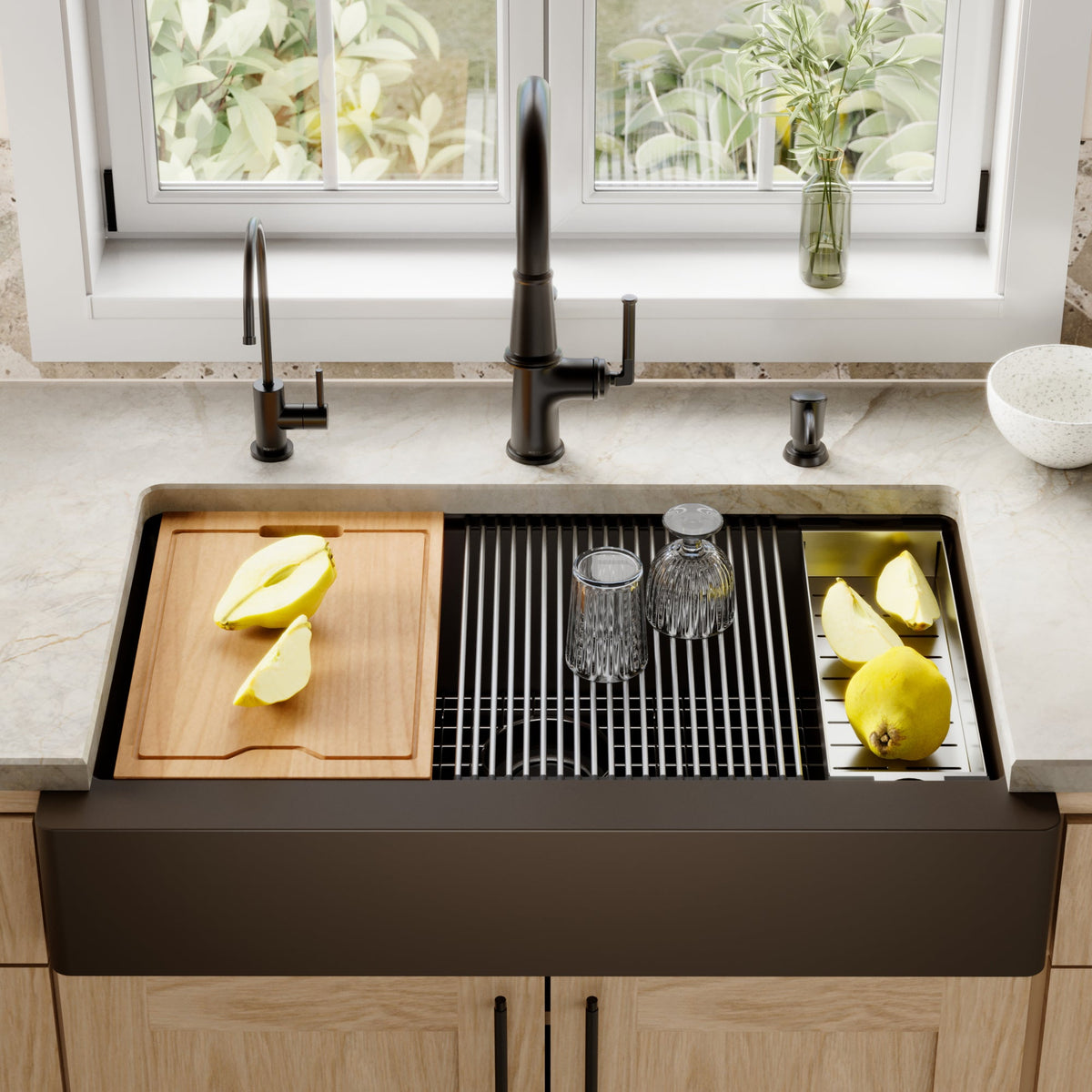 34" Retrofit Farmhouse Large Single Bowl Quartz Composite Workstation Kitchen Sink In Brown