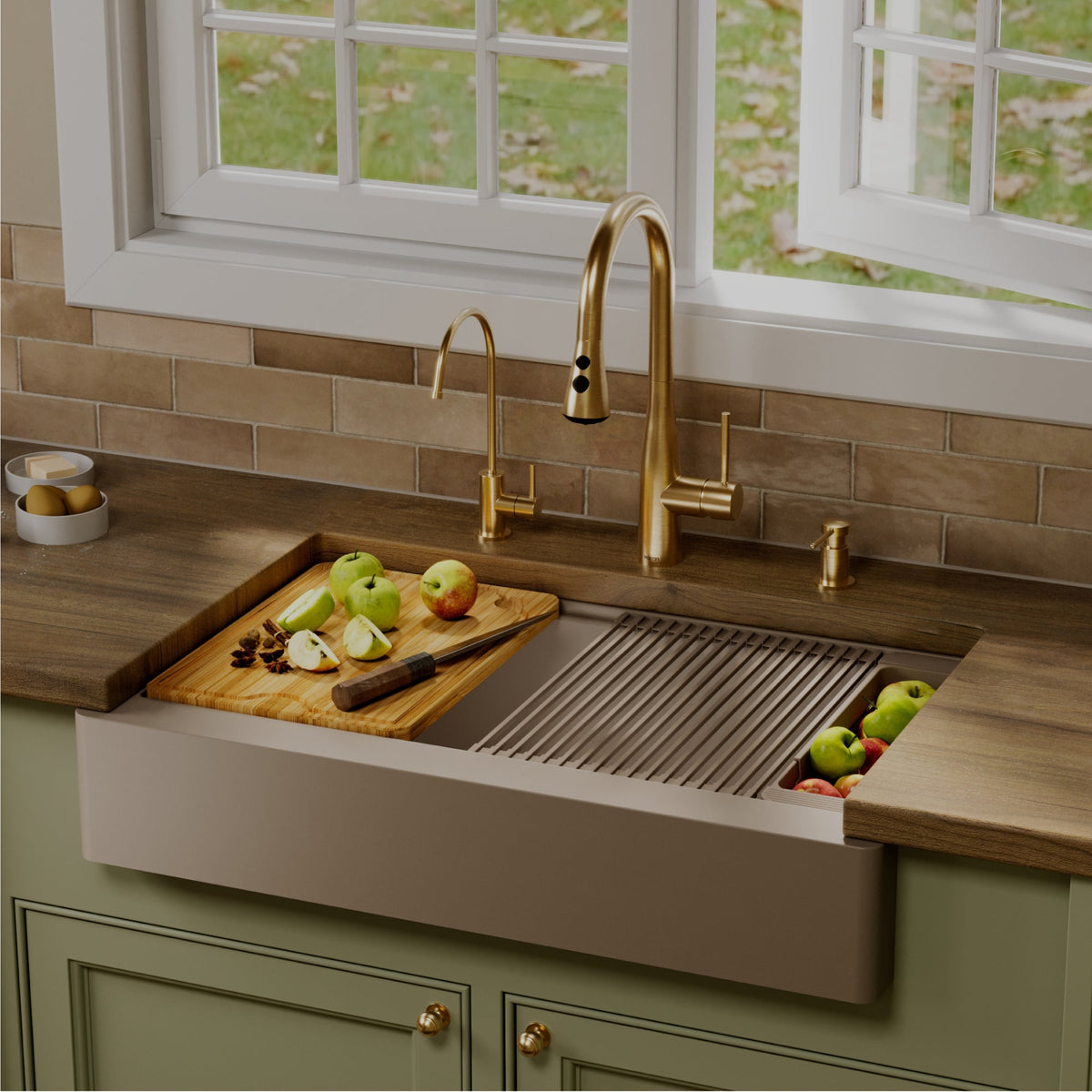 34" Apron Front Single Bowl Quartz Kitchen Sink Kit In Concrete