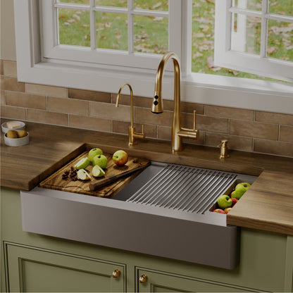 34" Apron Front Single Bowl Quartz Kitchen Sink Kit In Grey