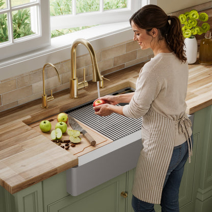 34" Retrofit Farmhouse Large Single Bowl Quartz Composite Workstation Kitchen Sink In Grey