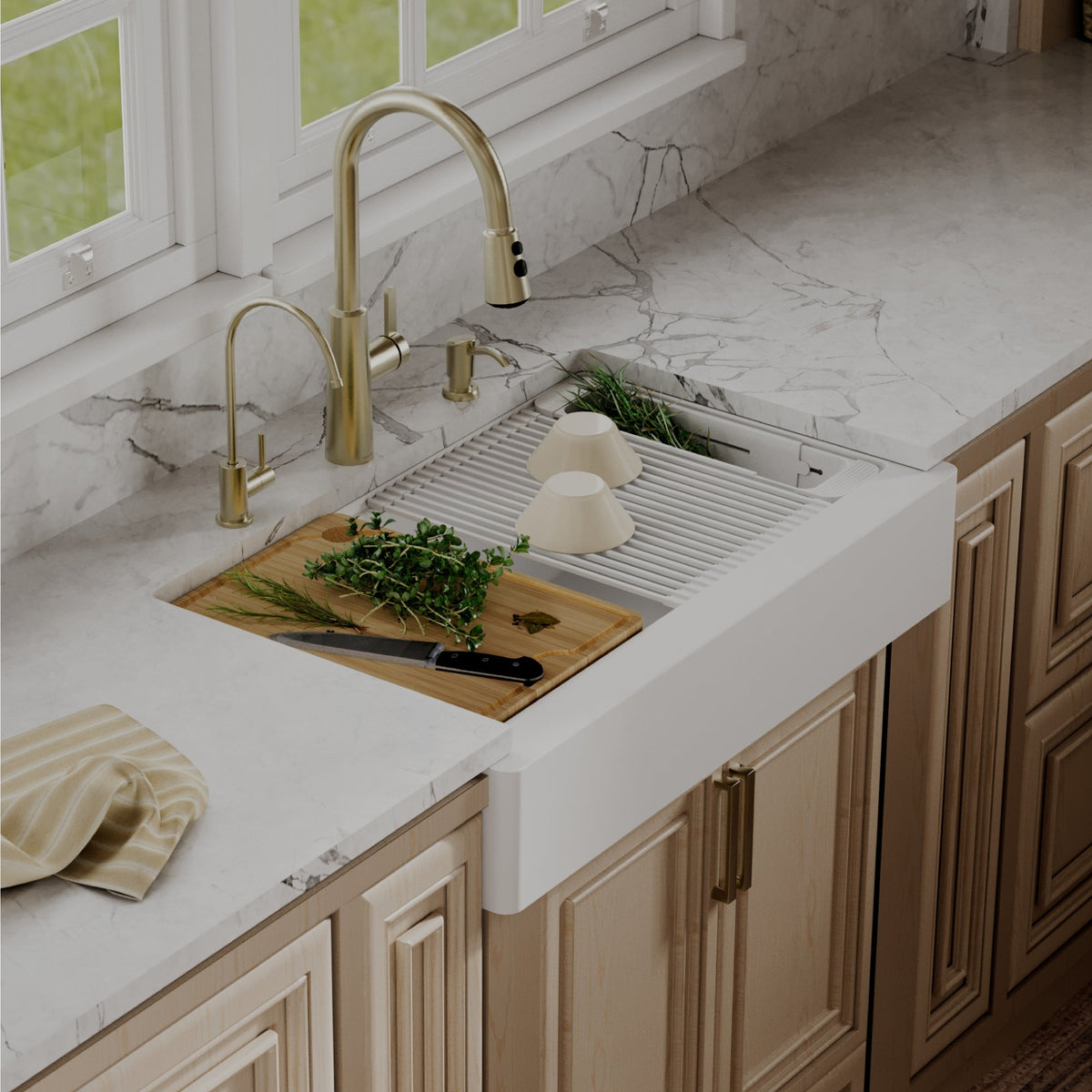 34" Apron Front Single Bowl Quartz Kitchen Sink Kit In White